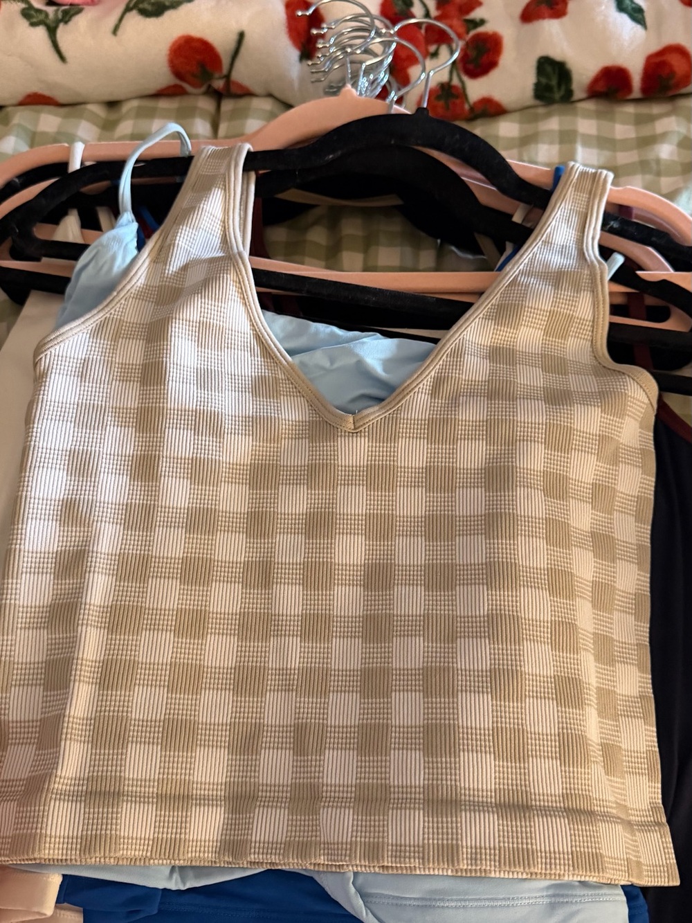 Source Unknown Beige Check V-Neck Tank Top